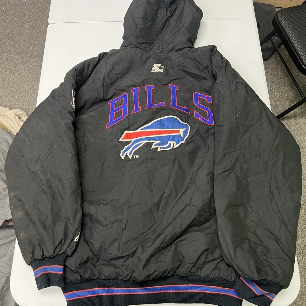 Starter Jacket Buffalo Bills Mens XL Black Hooded Puffy Quilted NFL Vintage